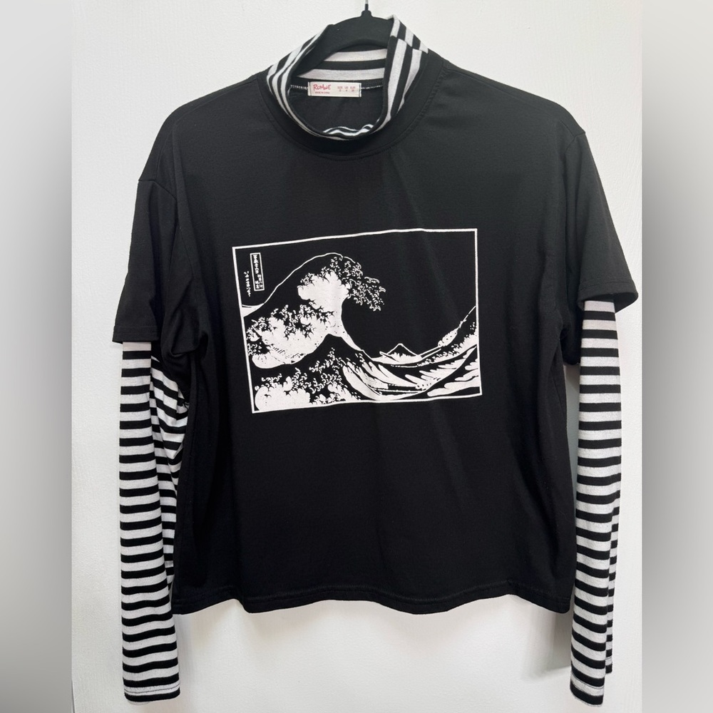 ROMWE Black and White Striped long sleeve Tee, Size S